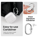 iFace AirPods 4 case attached to black bag using signature silver carabiner clip