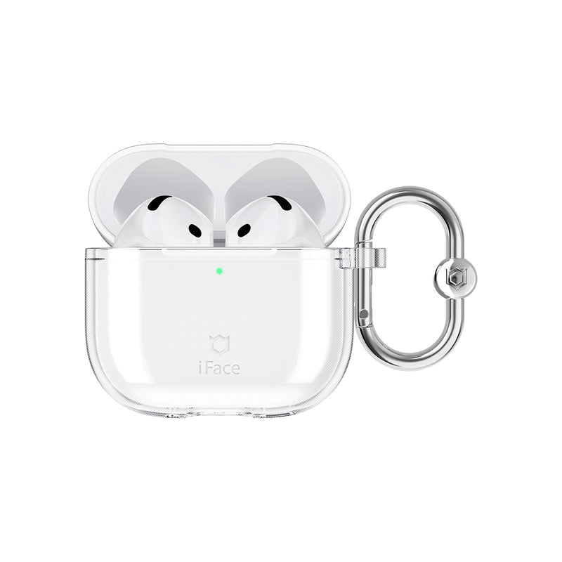 iFace clear case for AirPods 4 with silver carabiner clip – scratch-resistant and minimalist design