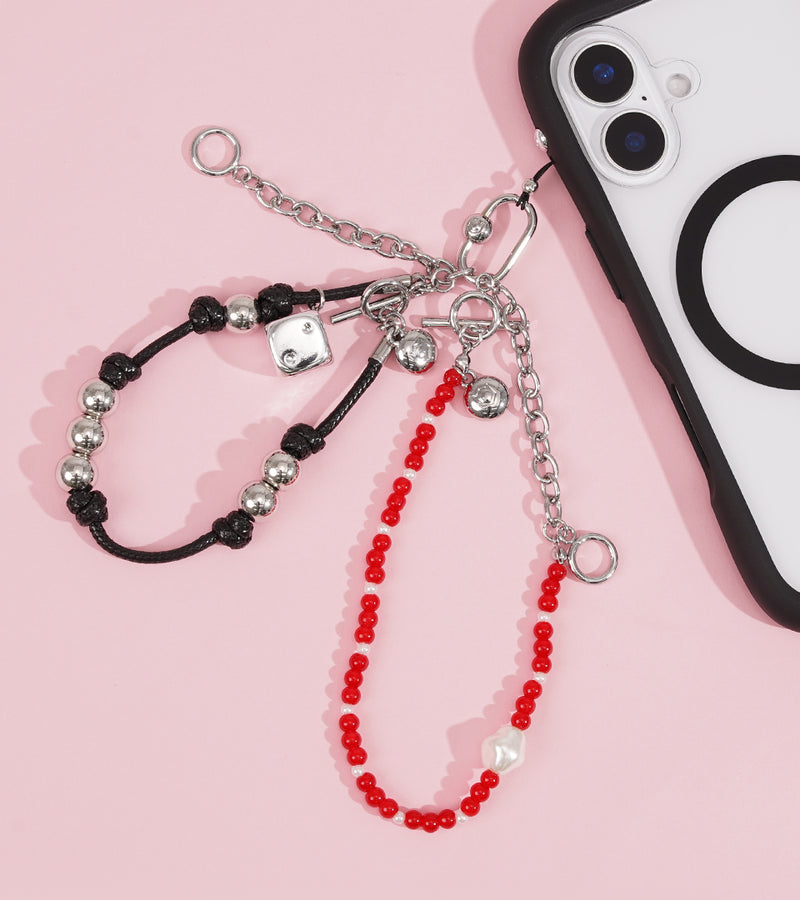 Phone Charm 2way Strap_Red_White Pearl